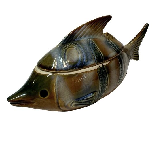 Art Glazed Pottery Fish Trinket Box Bowl With Lid Handmade Unmarked 7" - Picture 2 of 11